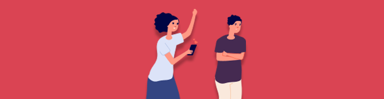 An angry woman with her arm in the air and a man with his arms folded looking away