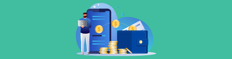 A banking app on a mobile device, a piles of change, and a wallet