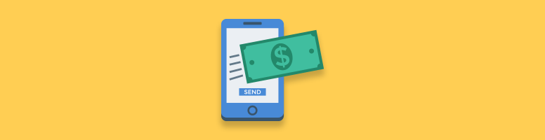 a dollar sign flying out of a cell phone, as if transferring to another place