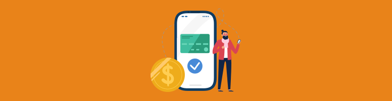 cell phone with a debit or credit card on the screen