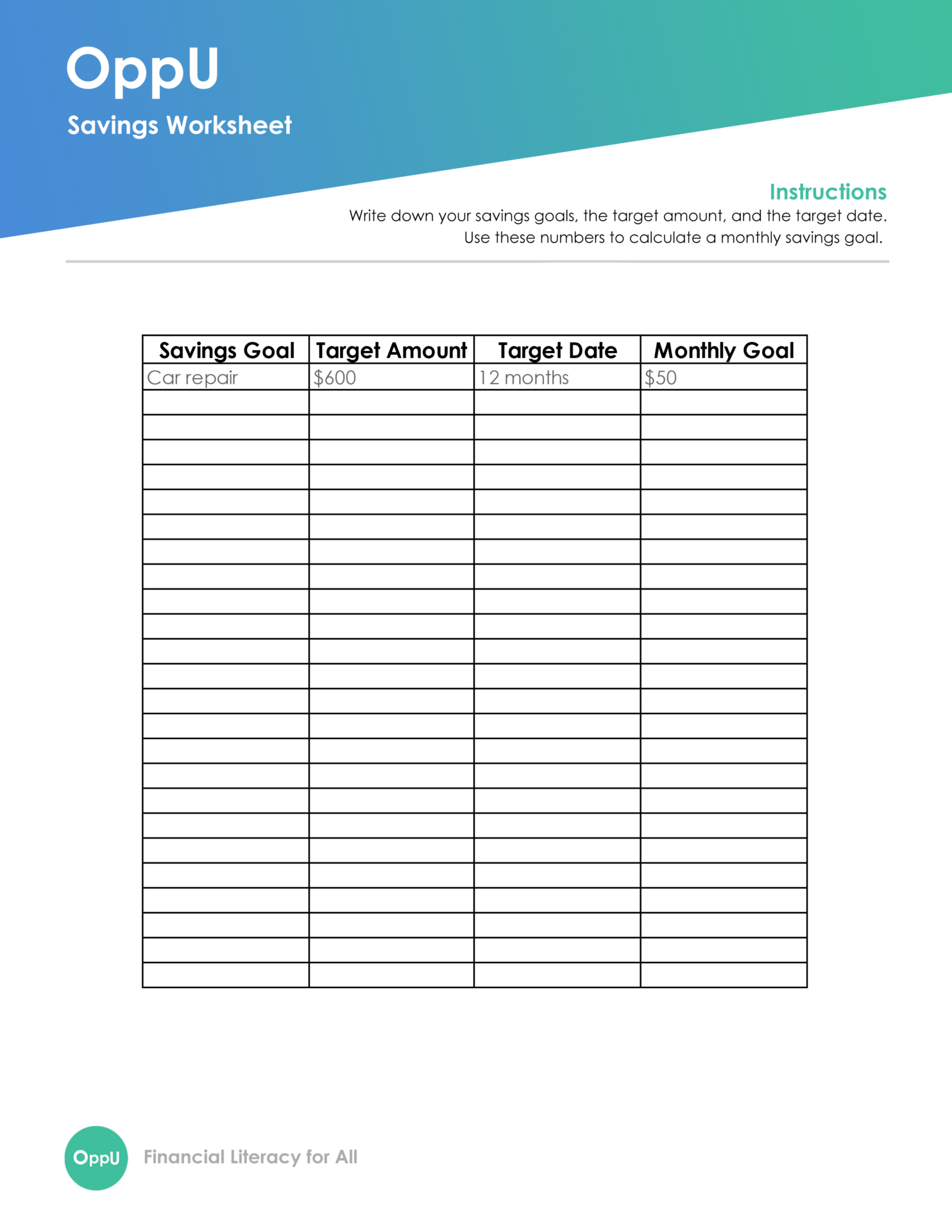 OppU Savings Worksheet