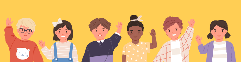 a row of children raising their hands