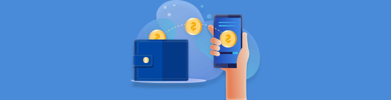 Coins flying from a smart phone into a wallet
