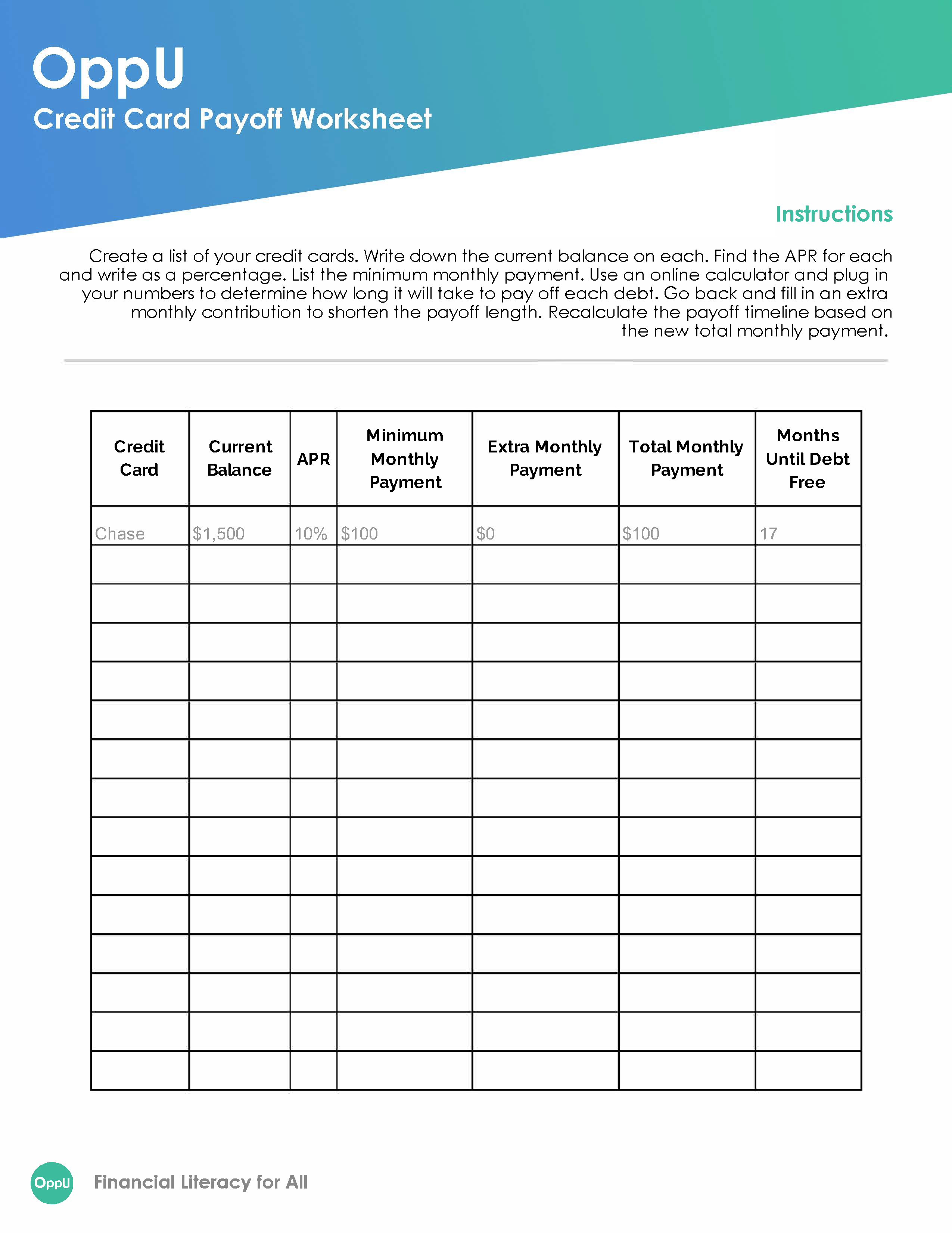 OppU Credit Card Payoff Worksheet