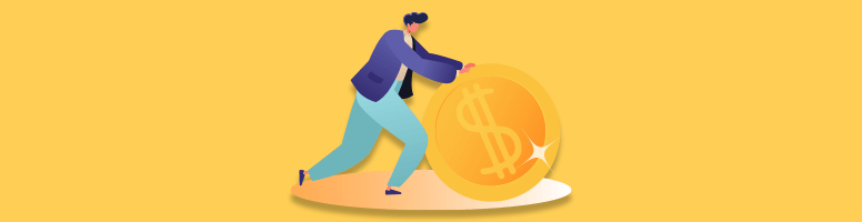 Man in a purple jacket rolling a giant coin