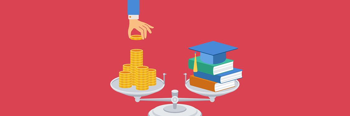 A balance scale with a red background and coins on one side and a stack of books on the other