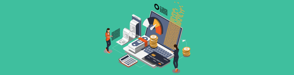 A laptop; a black credit card, a pile of cash, and a stack of coins all sit on the keyboard. A calculator and register are next to the laptop.