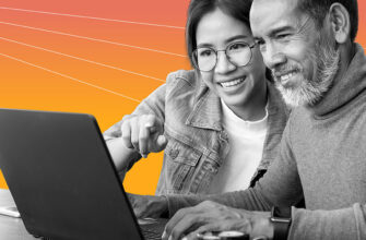 young woman breaking down loan refinancing for an older man using a laptop