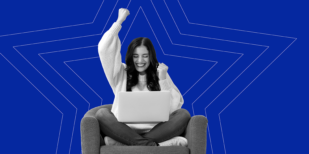 young woman pumping her fist in celebration after finding 10 genius textbook hacks to save big this semester