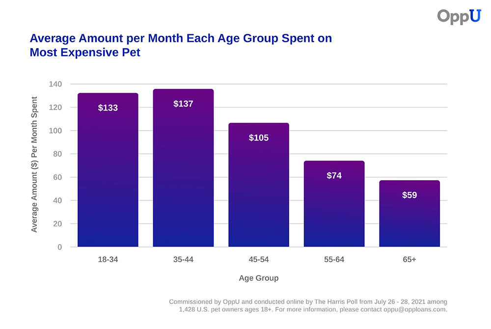 chart showing Average Amount per Month Each Age Group Spent on Most Expensive Pet